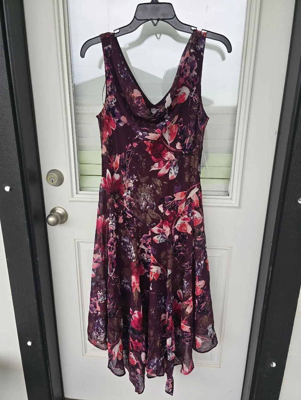 Signature by Robbie Bee Floral Midi Dress 8P Purple Pink Sleeveless Cowl Neck - Picture 3 of 11